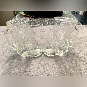 2 Vintage Libbey Cowboy Boot Clear Embossed Glass Beer Mugs 6" Tall 12 oz bar